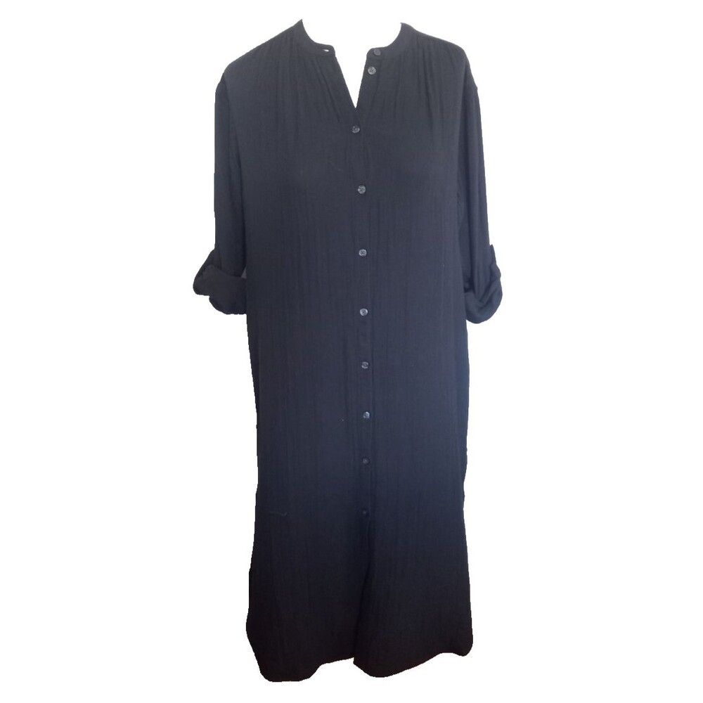 GAP BOHO BLACK CRINKLE GAUZE SHIRT DRESS ROLL TAB SLEEVE MIDI XS PETITE